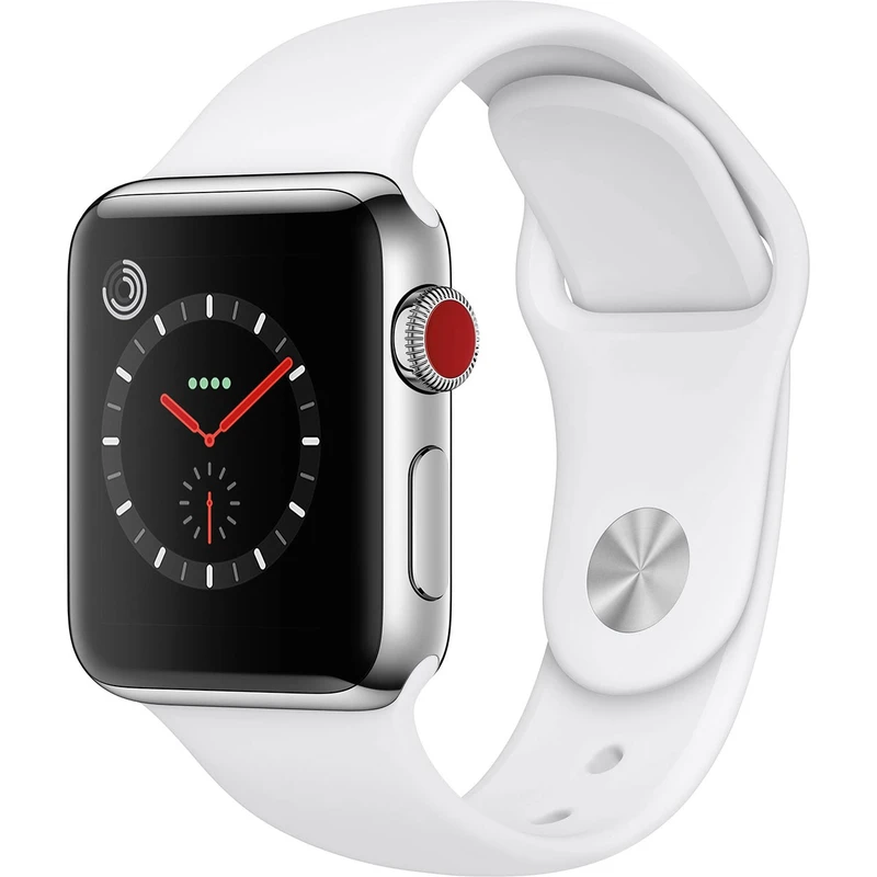 ساعت هوشمند اپل واچ سری 3 سلولار مدل 38mm Stainless Steel Case with Soft White Sport Band