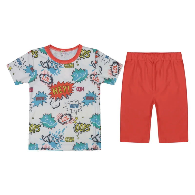 ست تی شرت آستین کوتاه و شلوارک راحتی پسرانه مدل تمام چاپ hey