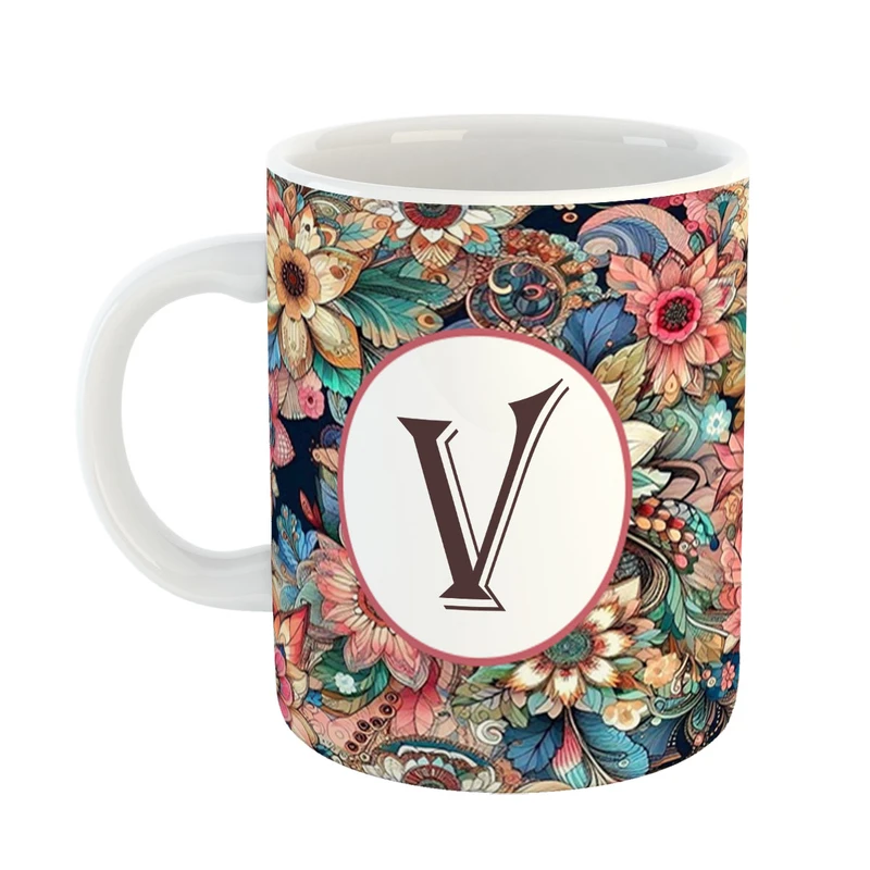 ماگ پادآفرین مدل فانتزی طرح حرف V کد 40