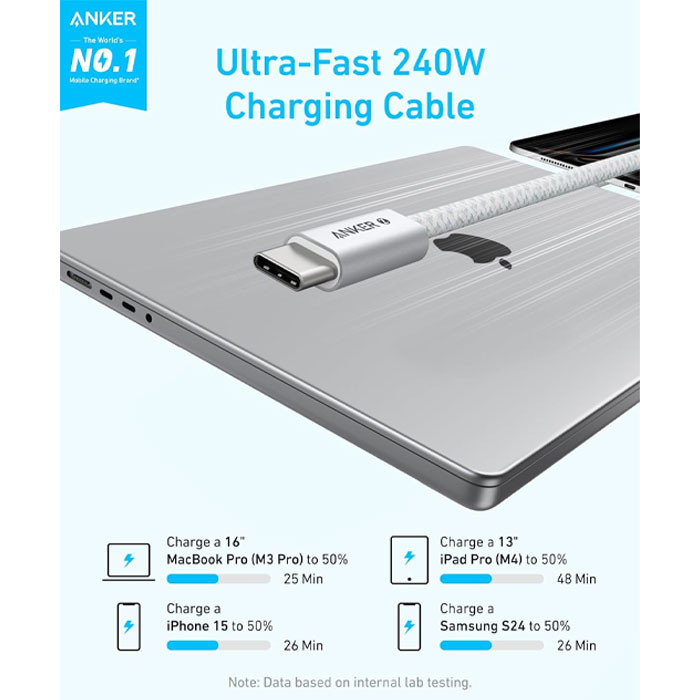 کابل تبدیل USB-C به USB-C انکر مدل  Zolo A8060 طول 1.8 متر با توان 240 وات