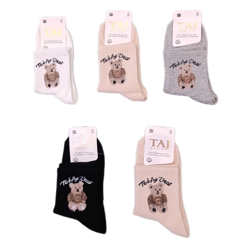 جوراب ساق کوتاه زنانه تاج نصیر مدل عروسک تدی بسته 5 عددی