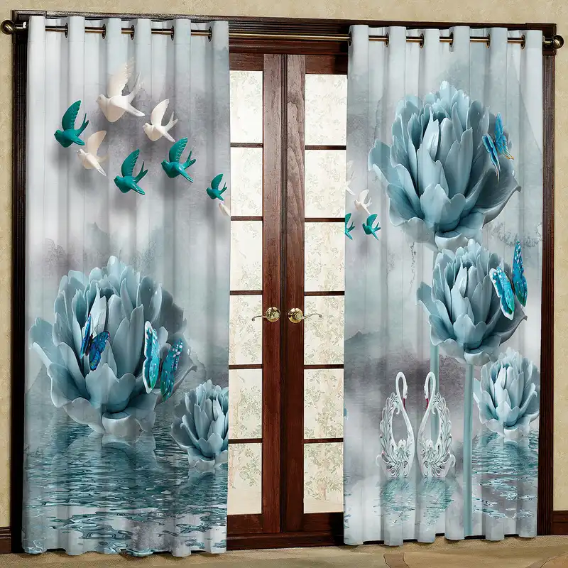 پرده مدل گل آبی و پرنده مخمل پانچی کد 2688 سایز 200x140 سانتی متر