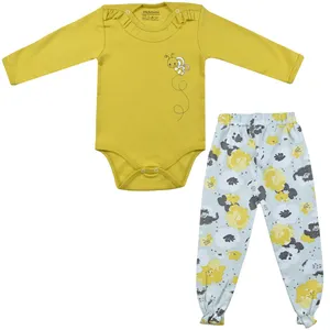 ست بادی آستین بلند و شلوار نوزادی مانینی مدل زنبور و گل کد 1