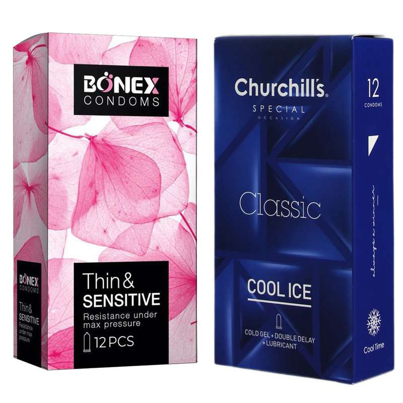 کاندوم چرچیلز مدل Cool Ice بسته 12 عددی به همراه کاندوم بونکس مدل Thin & Sensitive بسته 12 عددی 