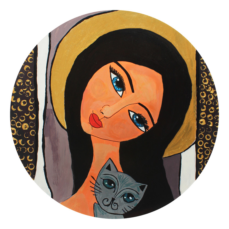 بشقاب دیوارکوب سفالی مدل دختر و گربه
