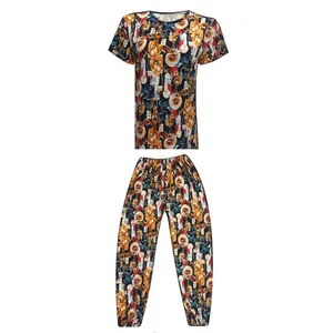 ست تی شرت آستین کوتاه و شلوار زنانه مدل گل و بلبل گیاهی ابر و بادی کد tm-1823