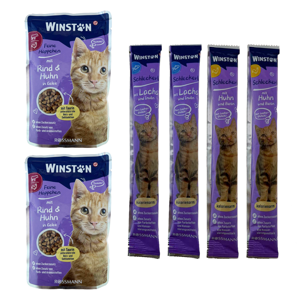 پوج گربه وینستون مدل گوشت گاو و مرغ در ژله به همراه بستنی گربه مرغ و ماهی مجموعه 6 عددی