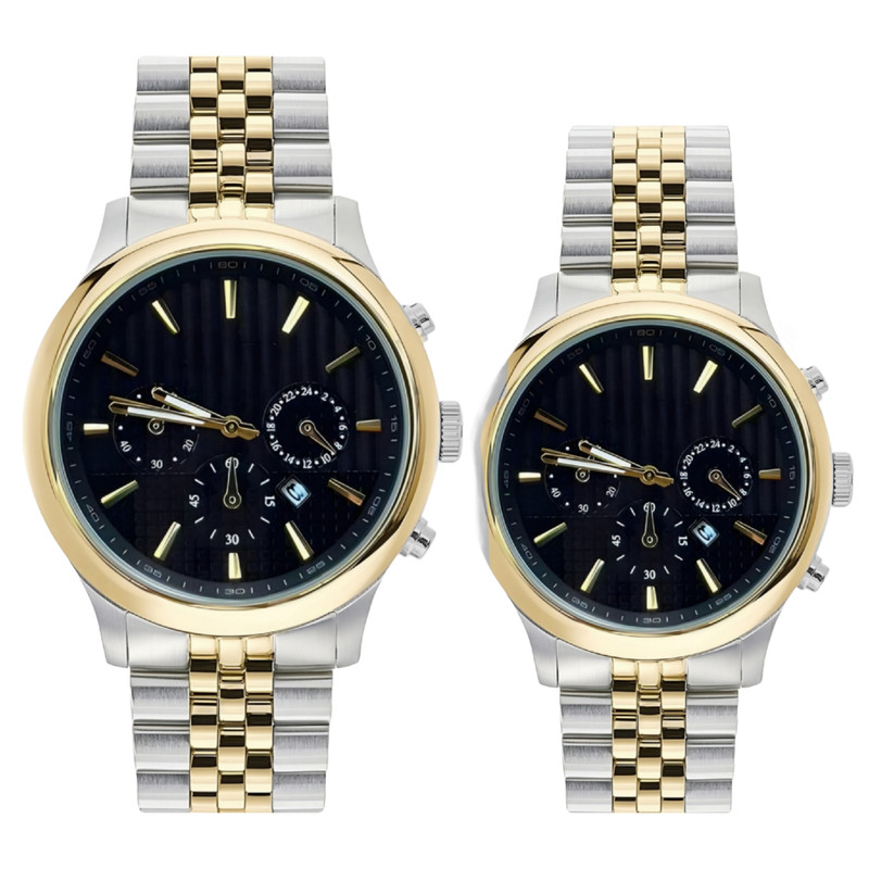 ست ساعت مچی عقربه ای زنانه و مردانه مدل کوارتز کلاسیک بند فلزی تقویم دار کد 04