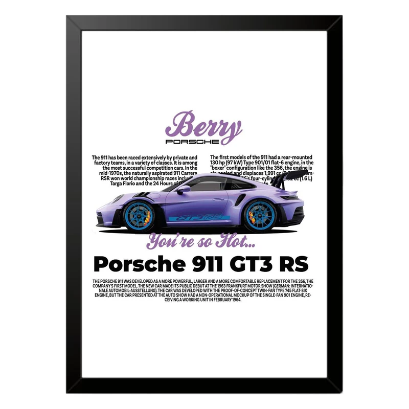 تابلو بکلیت طرح ماشین و خودرو پورشه PORSCHE 911 GT3 RS مدل b-po1571 فریم مشکی