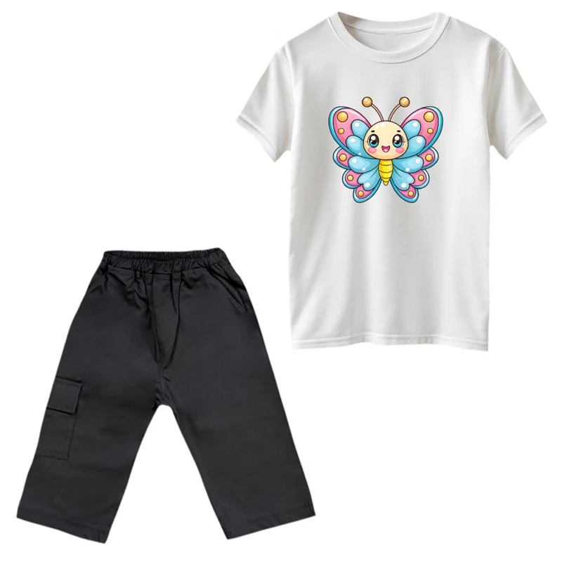 ست تی‌شرت و شلوارک دخترانه مدل پروانه رنگ سفید