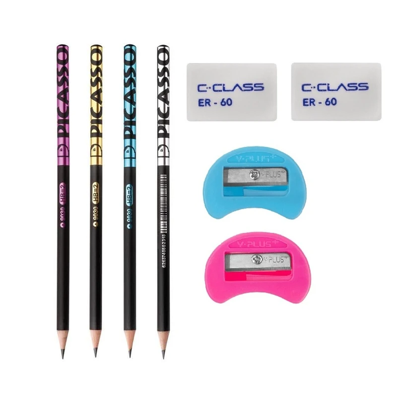 مداد مشکی پیکاسو با درجه سختی HB مدل مهر 178 به همراه پاکن و تراش مجموعه 8 عددی