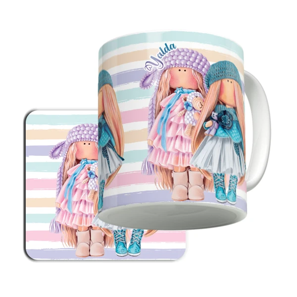 ماگ لاژید مدل اسم یلدا طرح کارتونی به همراه زیر لیوانی