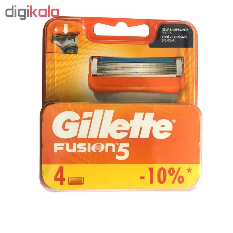 نمای نزدیک کارتریج تیغ یدک ژیلت Fusion5 با پنج تیغه استیل و نوار ژلی آبی، مناسب راهنمای خرید تیغ و یدک اصلاح