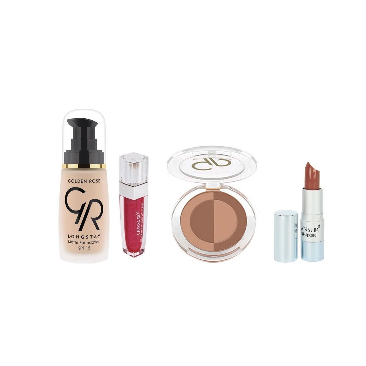  مجموعه آرایشی مدل matte : کرم پودر گلدن رز مدل matte foundation شماره 05  ، پنکیک برنزه کننده گلدن رز مدل mineral  شماره 03  ، رژ لب  لنسور مدل Glaze  شماره 23، رژ لب لنسور مدل 3D شماره 10