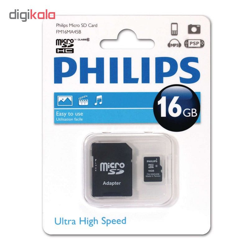 کارت حافظه‌ microSDXC فیلیپس مدل 45B کلاس 10 استاندارد U3 سرعت 80MBps ظرفیت 16 گیگابایت به همراه آداپتور SD
