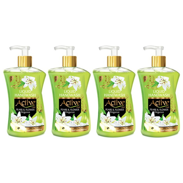 مایع دستشویی اکتیو مدل صدفی با رایحه گل و گلابی حجم 450 میلی لیتر بسته 4 عددی