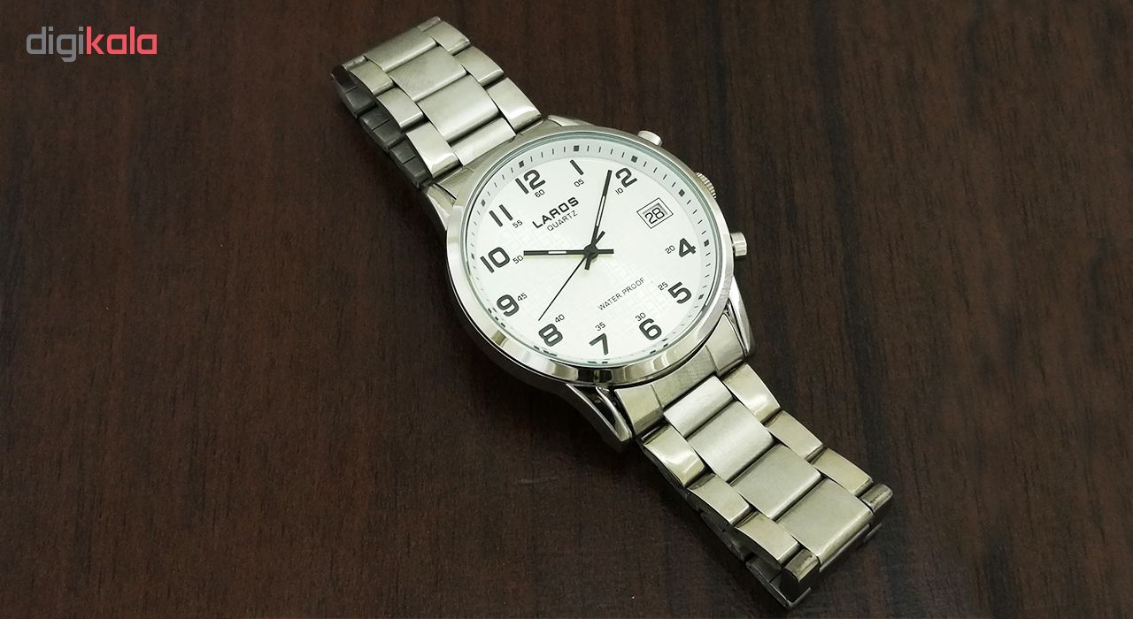 ساعت مچی عقربه ای مردانه لاروس مدل 0917-80095-d به همراه دستمال مخصوص برند کلین واچ