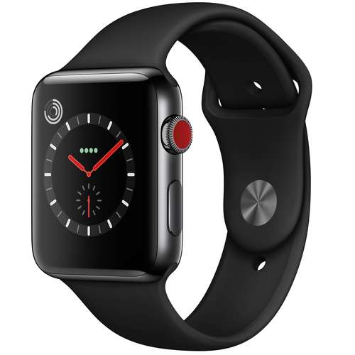 ساعت هوشمند اپل واچ سری 3 سلولار مدل 42mm Aluminum Case with Black Sport Silicon Band