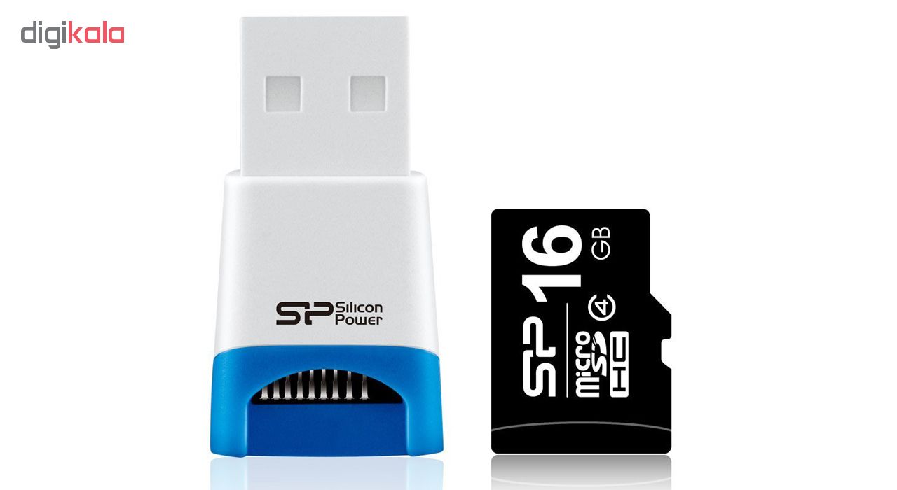 کارت حافظه‌ microSDHC سیلیکون پاور مدل Stylish  کلاس 4 استاندارد U3 سرعت 60MBps ظرفیت 16 گیگابایت به همراه کارت خوان