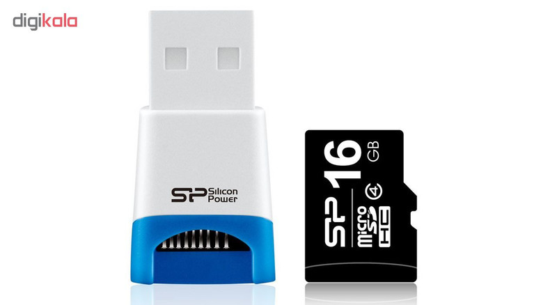 کارت حافظه‌ microSDHC سیلیکون پاور مدل Stylish کلاس 4 استاندارد U3 سرعت 60MBps ظرفیت 16 گیگابایت به همراه کارت خوان