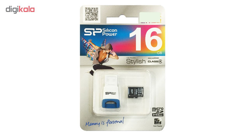 کارت حافظه‌ microSDHC سیلیکون پاور مدل Stylish کلاس 4 استاندارد U3 سرعت 60MBps ظرفیت 16 گیگابایت به همراه کارت خوان
