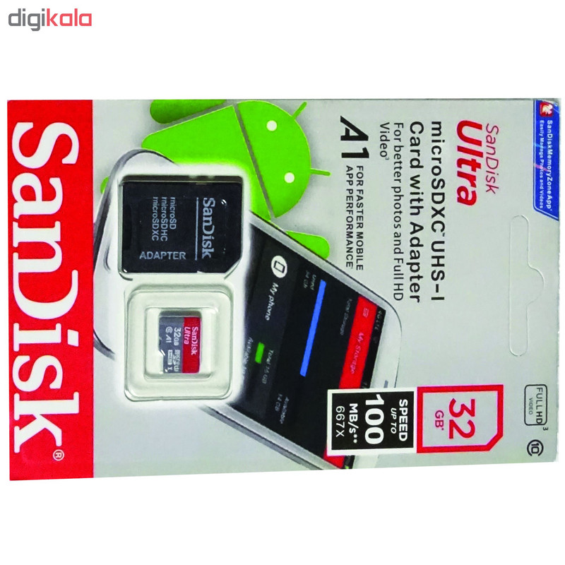 کارت حافظه microSDHC سن دیسک مدل Ultra A1 کلاس 10 استاندارد UHS-I سرعت 100MBps ظرفیت 32 گیگابایت به همراه آداپتور SD