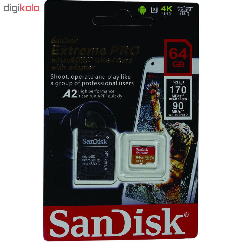 کارت حافظه microSDXC سن دیسک مدل Extreme PRO کلاس A2 استاندارد UHS-I U3 سرعت 170MBps ظرفیت 64 گیگابایت به همراه آداپتور SD