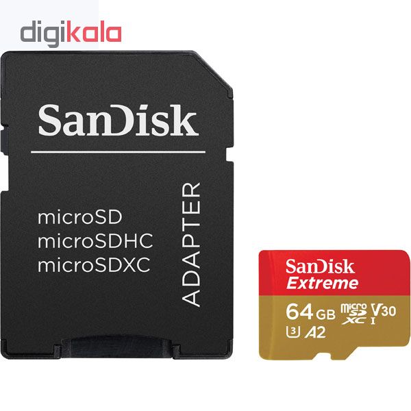 کارت حافظه microSDXC سن دیسک مدل Extreme  کلاس A2 استاندارد UHS-I U3 سرعت 160MBps ظرفیت 64 گیگابایت به همراه آداپتور SD