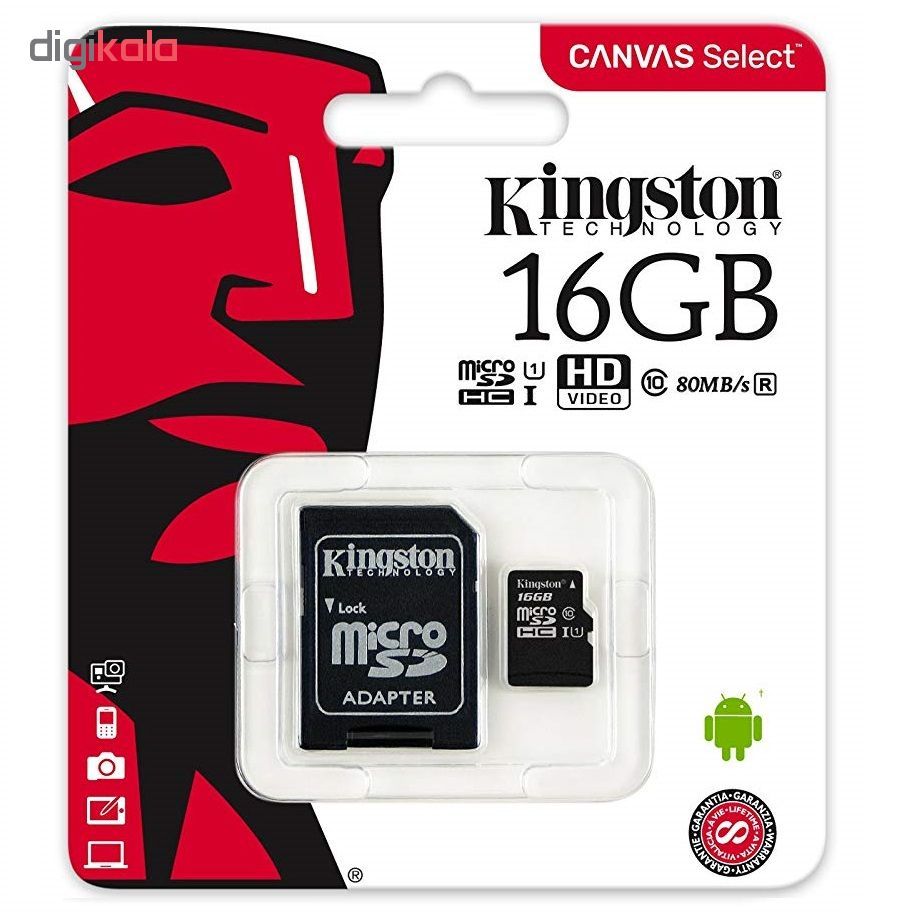 خرید عنوان : کارت حافظه microSDHC کینگستون مدل Canvas Select کلاس 10 استاندارد UHS-I U1 سرعت 80MBps ظرفیت 16 گیگابایت به همراه آداپتور SD با قیمت مناسب