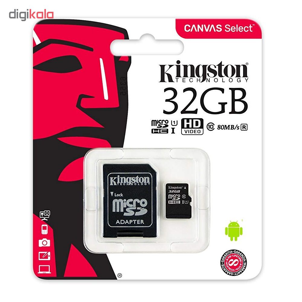 کارت حافظه microSDHC کینگستون مدل Canvas Select کلاس 10 استاندارد UHS-I U1 سرعت 80MBps ظرفیت 32 گیگابایت به همراه آداپتور SD