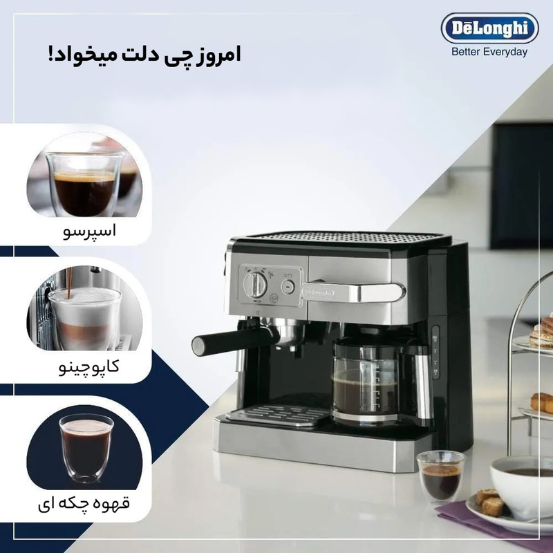 اسپرسوساز دلونگی مدل BCO420، توان مصرفی 1750 وات، دارای 2 نازل قهوه و منوی تهیه آب جوش، اسپرسو، کافه لاته، کاپوچینو، شیر گرم و فرانسه
