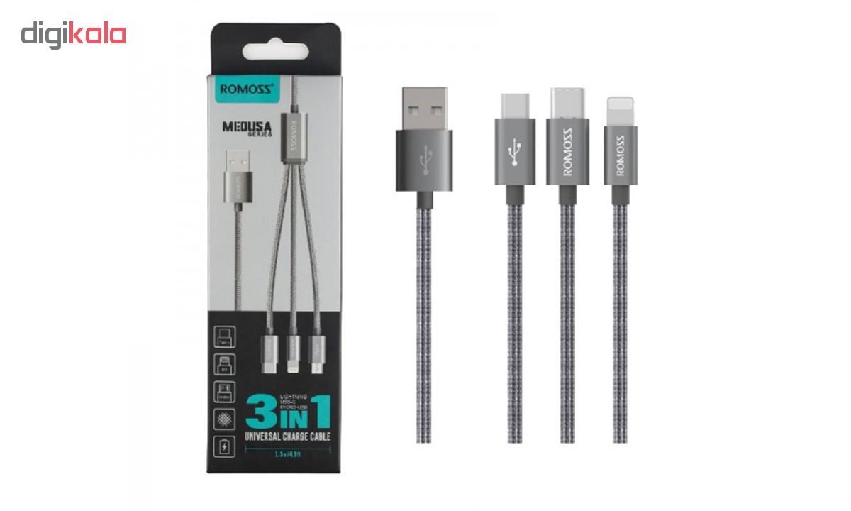 کابل تبدیل USB به microUSB/لایتنینگ/USB-C روموس مدل 3In1 به طول 1.5 متر