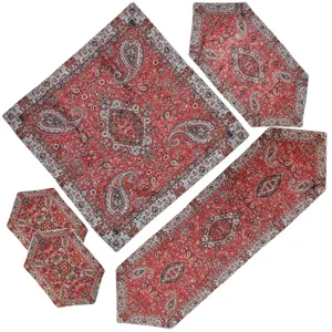 رومیزی ترمه طرح شاه عباسی مدل 5/RED5 مجموعه 5 عددی