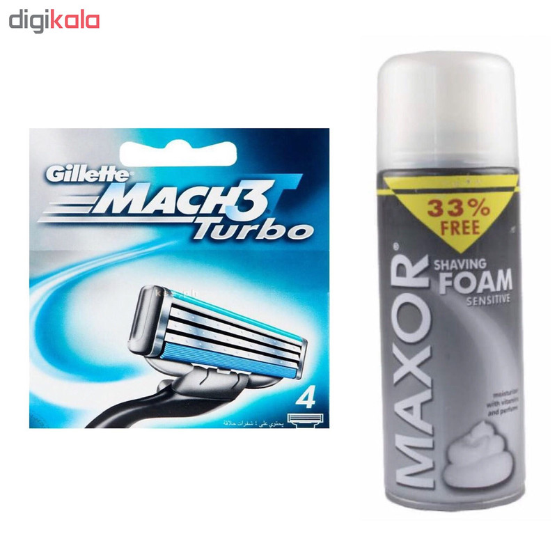 تیغ یدک ژیلت مدل Mach 3 Turbo لیبل دار بسته 4 عددی به همراه فوم اصلاح مکسور کد 5542 حجم 400 میلی لیتر