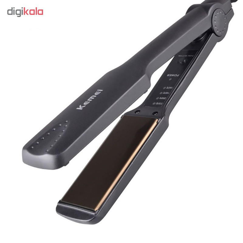 اتو مو کیمی مدل KM-329، با صفحات پهن از جنس سرامیک پیشرفته، دارای نشانگر LED، سر سرامیکی، تکنولوژی نانو سیلور، گستره دما 160 تا 220 درجه سانتی‌گراد، به همراه سیم‌ 1.8 متری