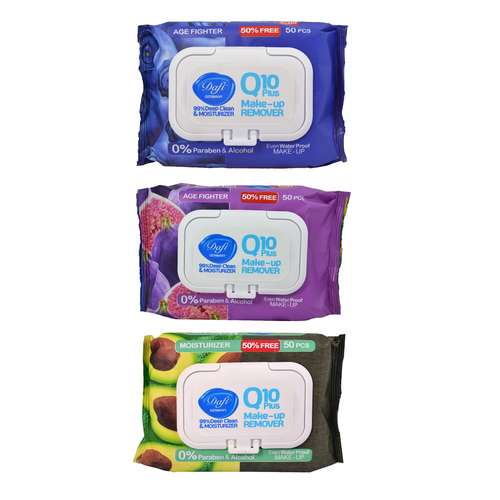 دستمال مرطوب پاک کننده آرایش دافی مدل Q10 fruit بسته 50 عددی مجموعه 3 عددی
