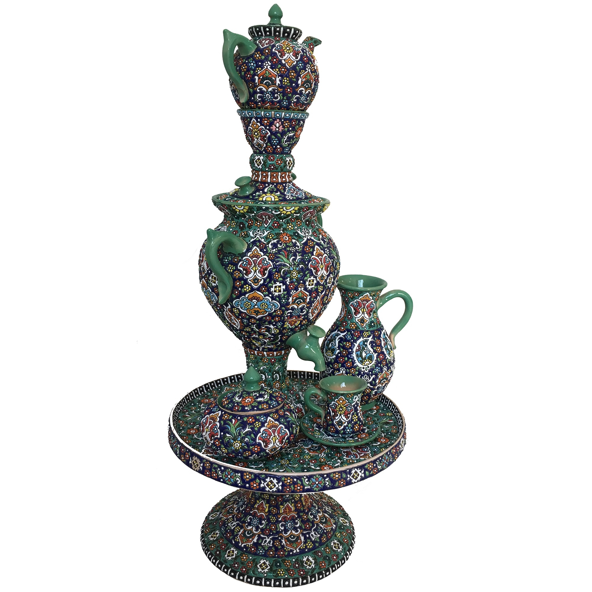 سرویس یازده پارچه سماور و چای خوری میناکاری کد 001