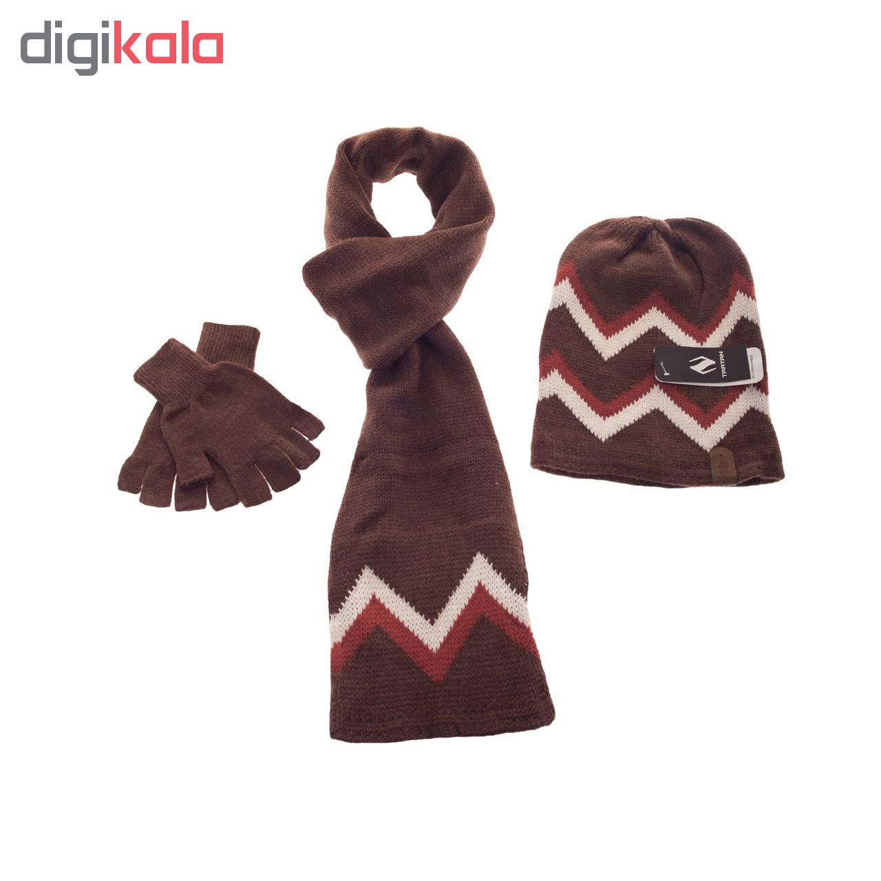 ست کلاه شال گردن و دستکش تارتن مدل 320 رنگ قهوه ای
