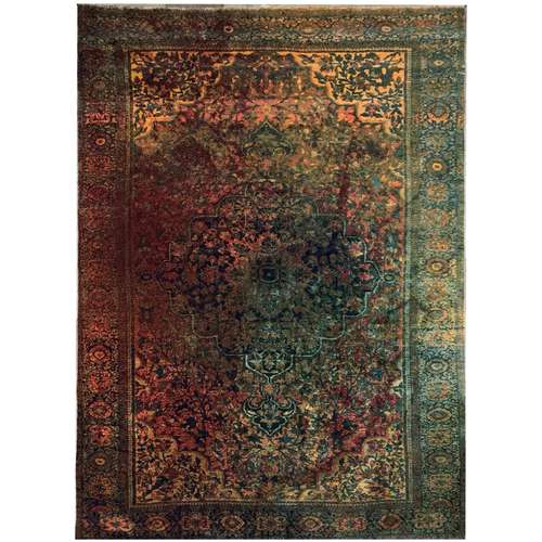 فرش ماشینی طرح پتینه کهنه کاری زمینه سبزنارنجی