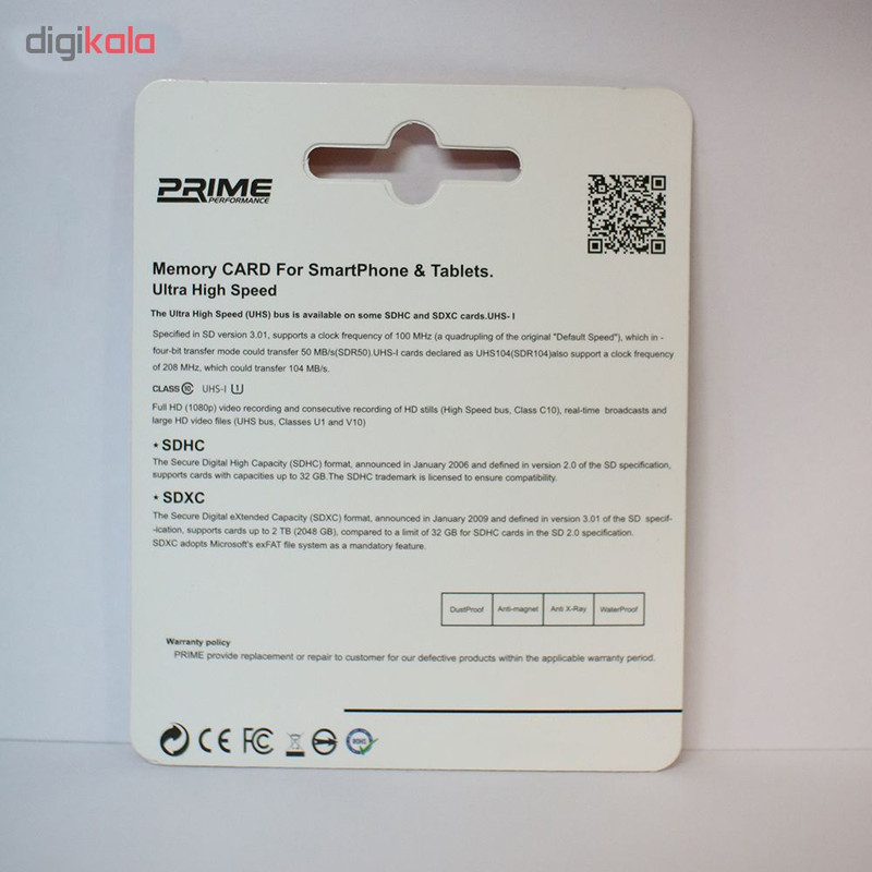 کارت حافظه SDHC پرایم مدل PERFORMANC کلاس 10 استاندارد U1 سرعت 60MBps ظرفیت 16 گیگابایت