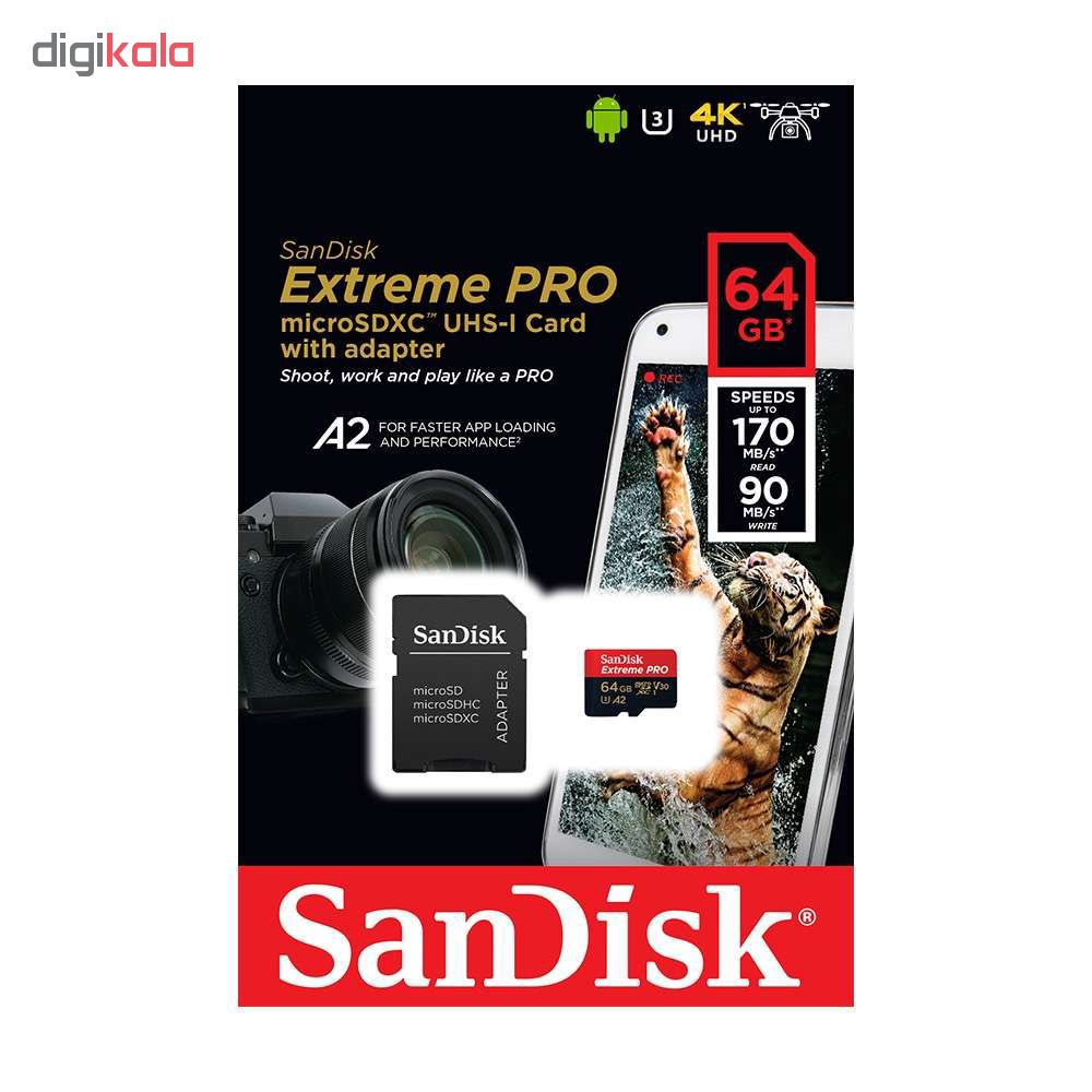 کارت حافظه microSDHC سن دیسک مدل Extreme PRO A2 کلاس 10 استاندارد UHS-I سرعت 170MBps ظرفیت 64 گیگابایت به همراه آداپتور SD