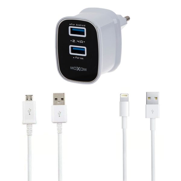 شارژر دیواری موکسوم مدل KH-08Y به همراه کابل تبدیل لایتنینگ و microUSB شارژر دیواری موکسوم مدل KH-08Y به همراه کابل تبدیل لایتنینگ و microUSB