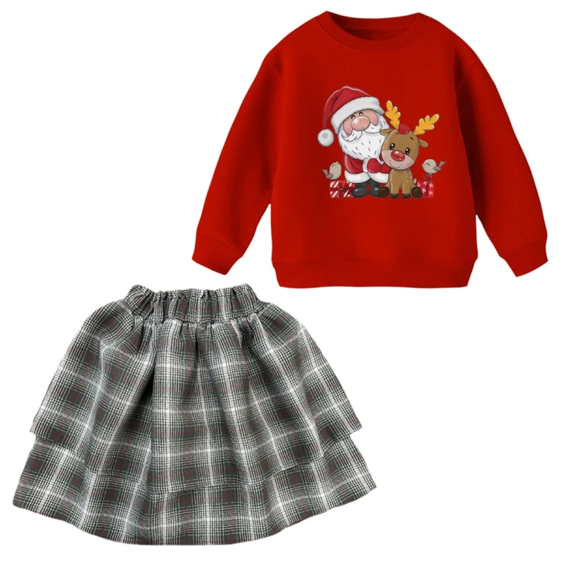 ست سویشرت و دامن دخترانه مدل بابانوئل و گوزن کریسمس کد 2