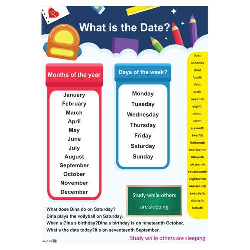 پوستر آموزشی چاپ پارسیان طرح آموزش زبان انگلیسی مدل 012 WHAT IS THE DATE 