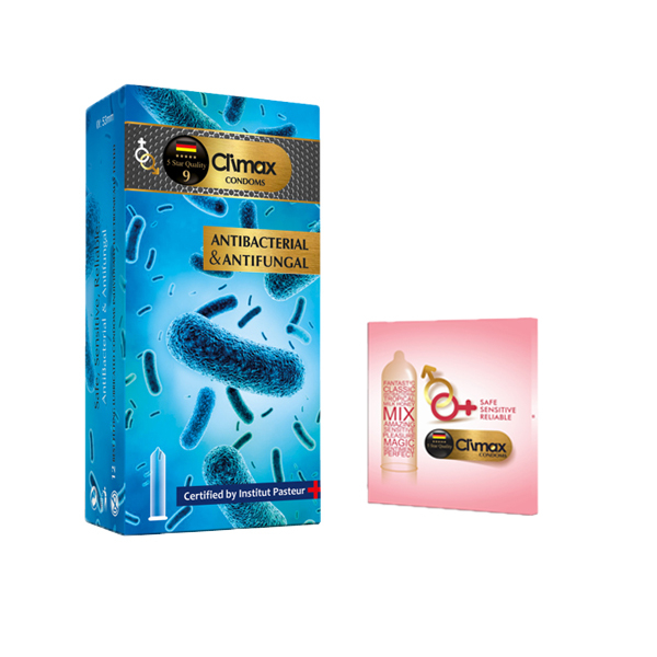 کاندوم کلایمکس مدل ANTI BACTERIAL بسته 12 عددی به همراه کاندوم مدل بلیسر کد 01