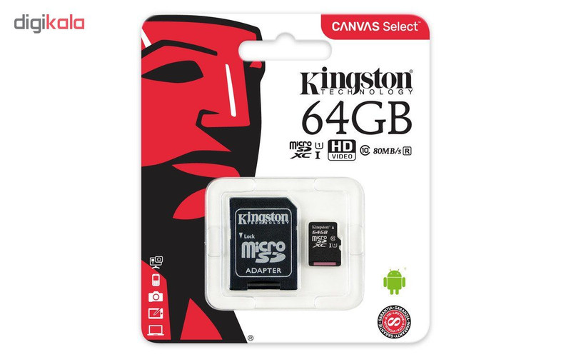 کارت حافظه microSDXC کینگستون مدل Canvas کلاس 10 استاندارد UHS - U1 ظرفیت 64 گیگابایت 80MBps به همراه آداپتور SD