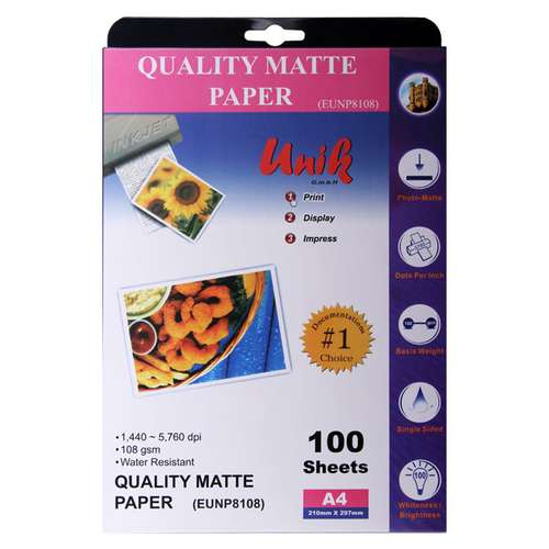 کاغذ چاپ عکس مات یونیک کد 8108 سایز A4 بسته 100 عددی