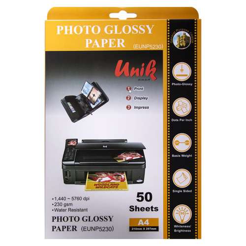 کاغذ چاپ عکس گلاسه یونیک کد 5230 سایز A4 بسته 50 عددی