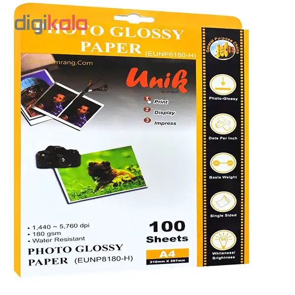 کاغذ چاپ عکس فتوگلاسه یونیک مدل EUNP8180H سایز A4 بسته 100 عددی