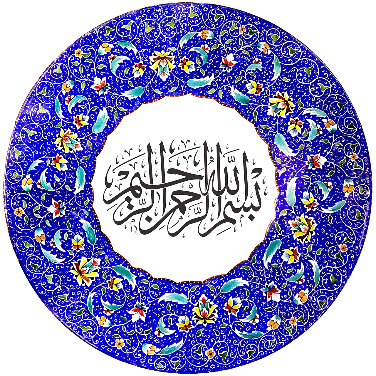 بشقاب میناکاری آسمانی طرح تذهیب و بسم الله مدل B-KH-BES-SOLS-1